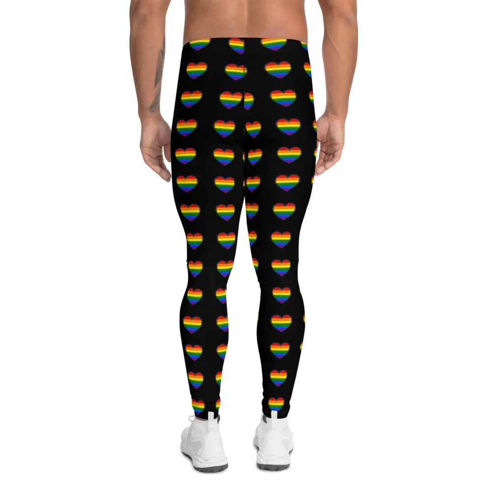 Gay Pride Heart Men's Leggings, Rainbow Hearts Valentines Day Meggings-Made in USA/EU