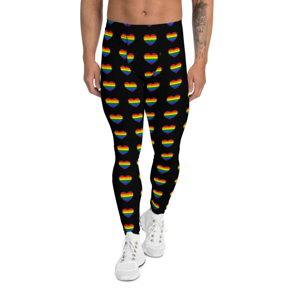 Gay Pride Heart Men's Leggings, Rainbow Hearts Valentines Day Meggings-Made in USA/EU