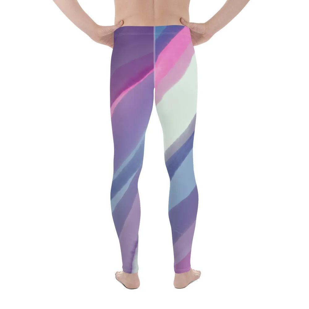 Green Blue Stripes Men's Leggings, Striped Colors Men's Leggings, Colorful Pastel Purple Gym Tights For Men - Made in USA/EU/MX