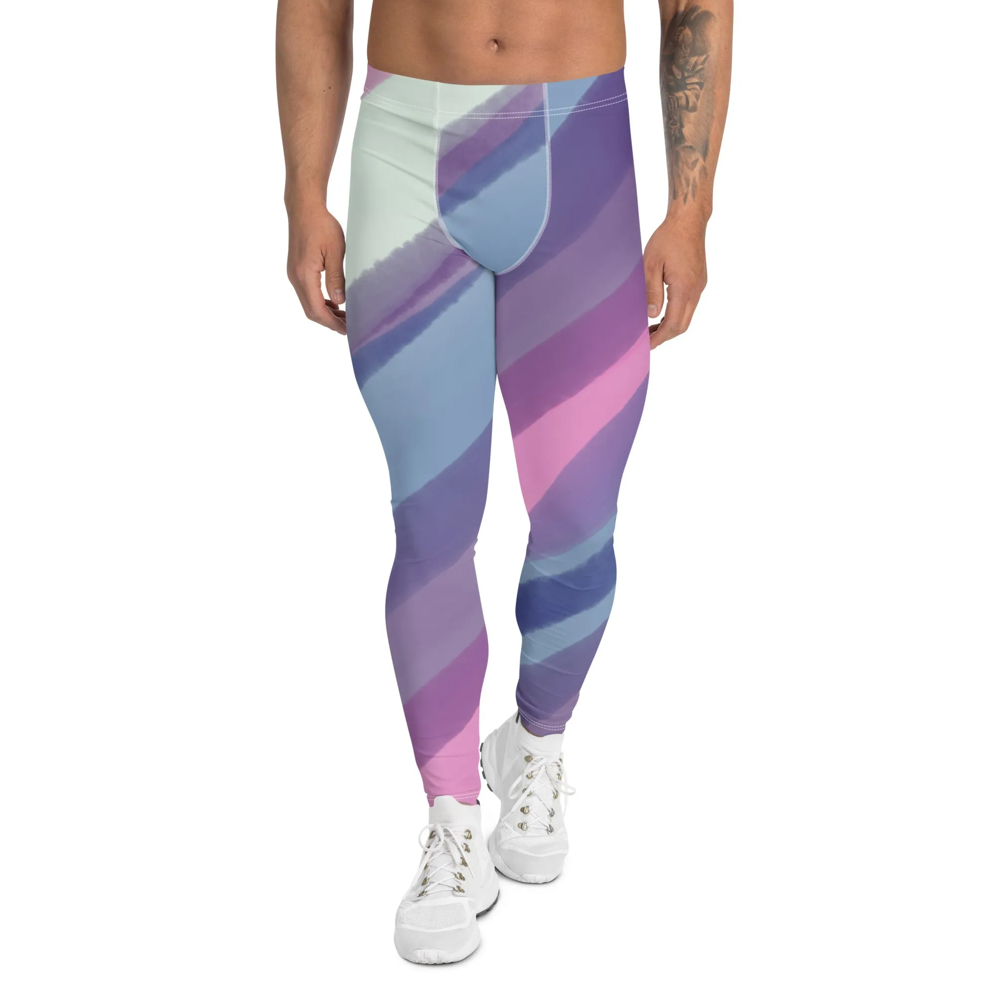 Green Blue Stripes Men's Leggings, Striped Colors Men's Leggings, Colorful Pastel Purple Gym Tights For Men - Made in USA/EU/MX