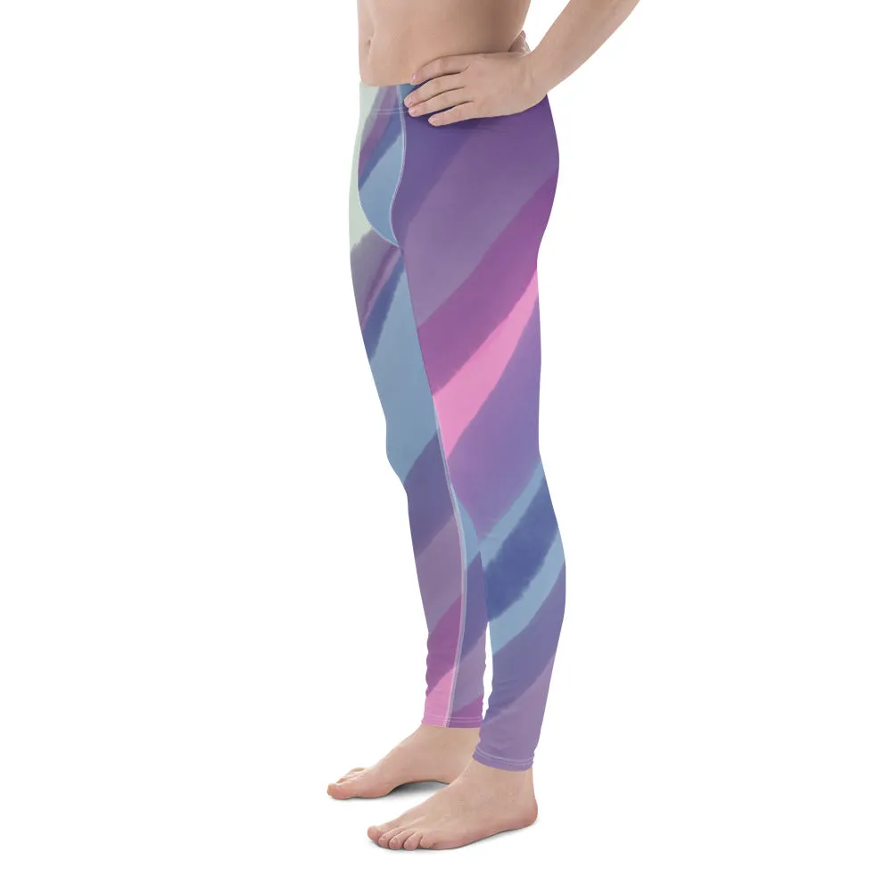 Green Blue Stripes Men's Leggings, Striped Colors Men's Leggings, Colorful Pastel Purple Gym Tights For Men - Made in USA/EU/MX