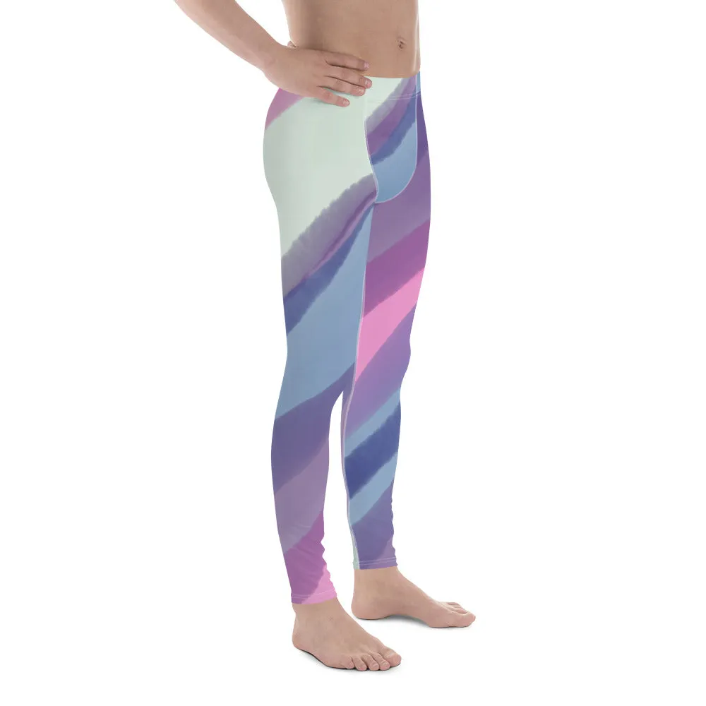 Green Blue Stripes Men's Leggings, Striped Colors Men's Leggings, Colorful Pastel Purple Gym Tights For Men - Made in USA/EU/MX