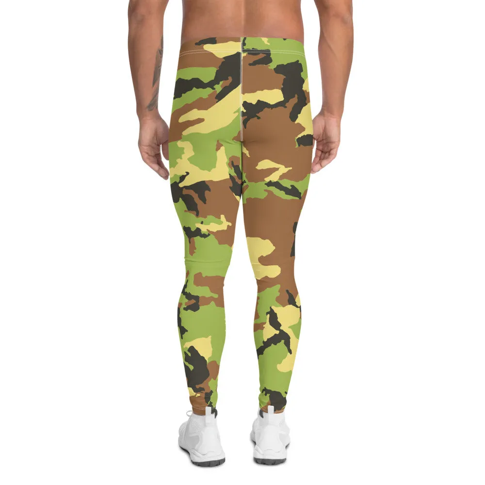 Green Camouflage Print Men's Leggings, Camo Military Army Meggings-Made in USA/EU