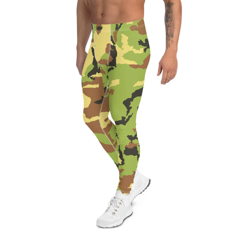 Green Camouflage Print Men's Leggings, Camo Military Army Meggings-Made in USA/EU