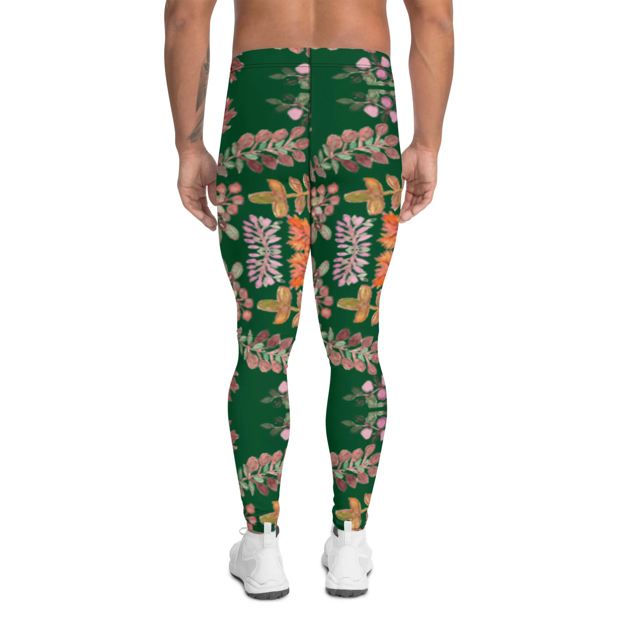 Green Fall Leaves Men's Leggings, Fall Leaves Leggings For Men, Autumn Leaf Leggings- Made in USA/EU/MX