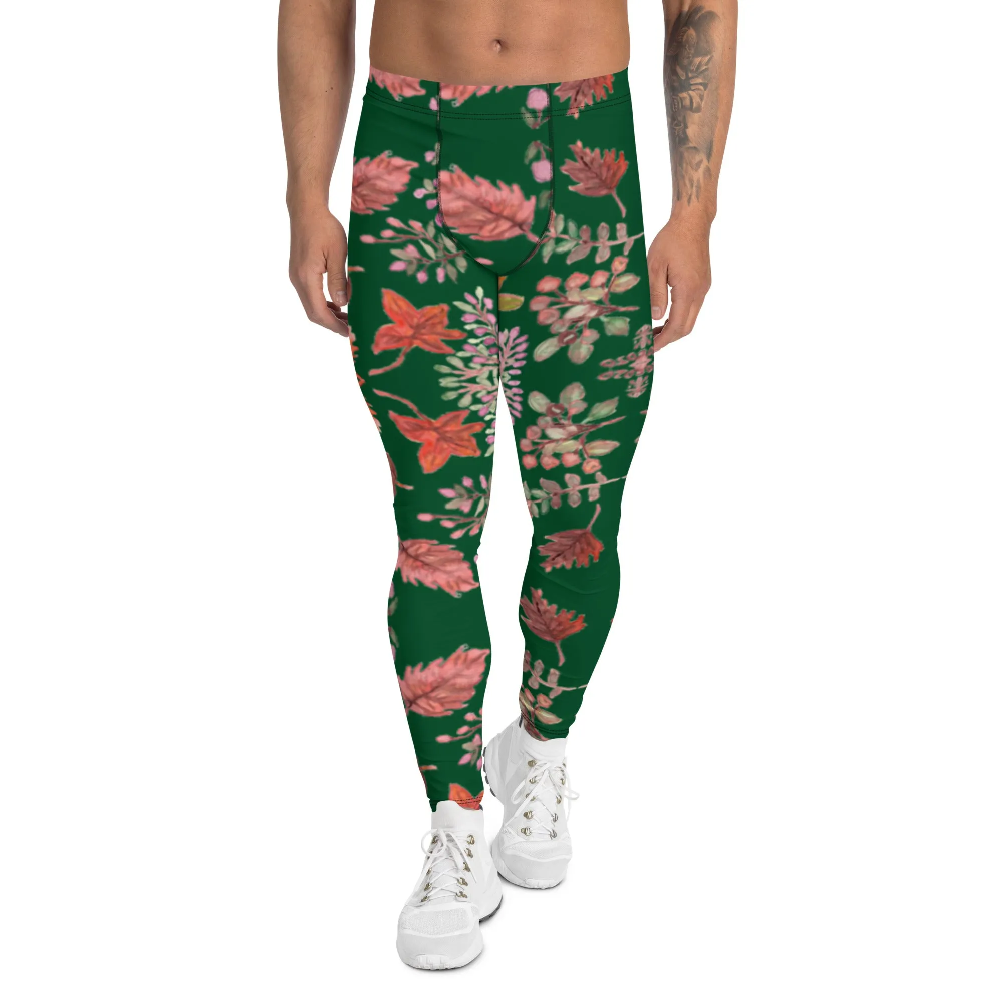 Green Fall Leaves Men's Leggings, Fall Leaves Leggings For Men, Autumn Leaf Leggings- Made in USA/EU/MX