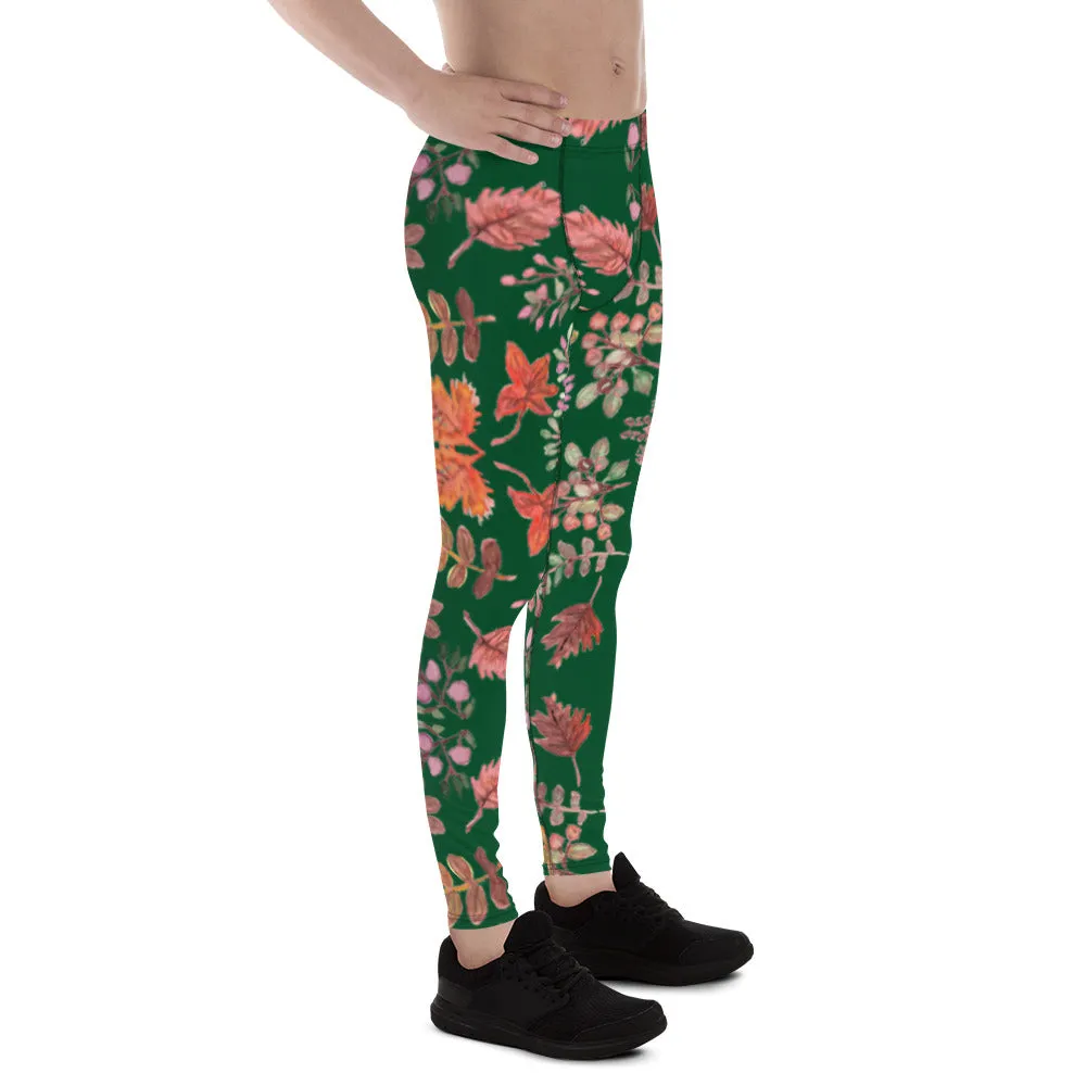 Green Fall Leaves Men's Leggings, Fall Leaves Leggings For Men, Autumn Leaf Leggings- Made in USA/EU/MX