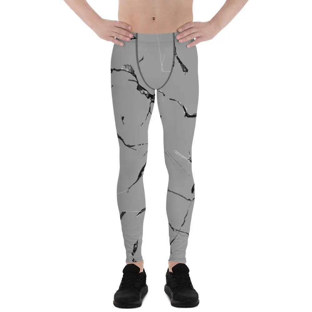 Grey Marble Print Men's Leggings, Marbled Printed Meggings Compression Tights-Made in USA/EU