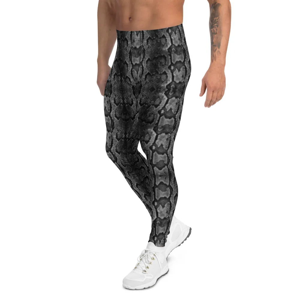 Grey Snake Print Men's Leggings, Snake Skin Python Style Meggings Tights For Men - Made in USA/EU