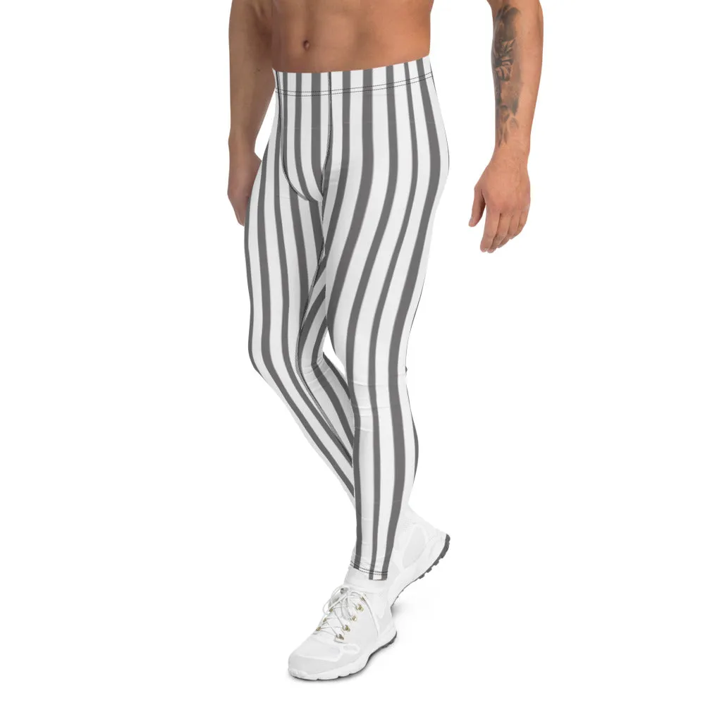 Grey Striped Vertical Men's Leggings, Modern Circus Party Meggings For Men-Made in USA/EU/MX