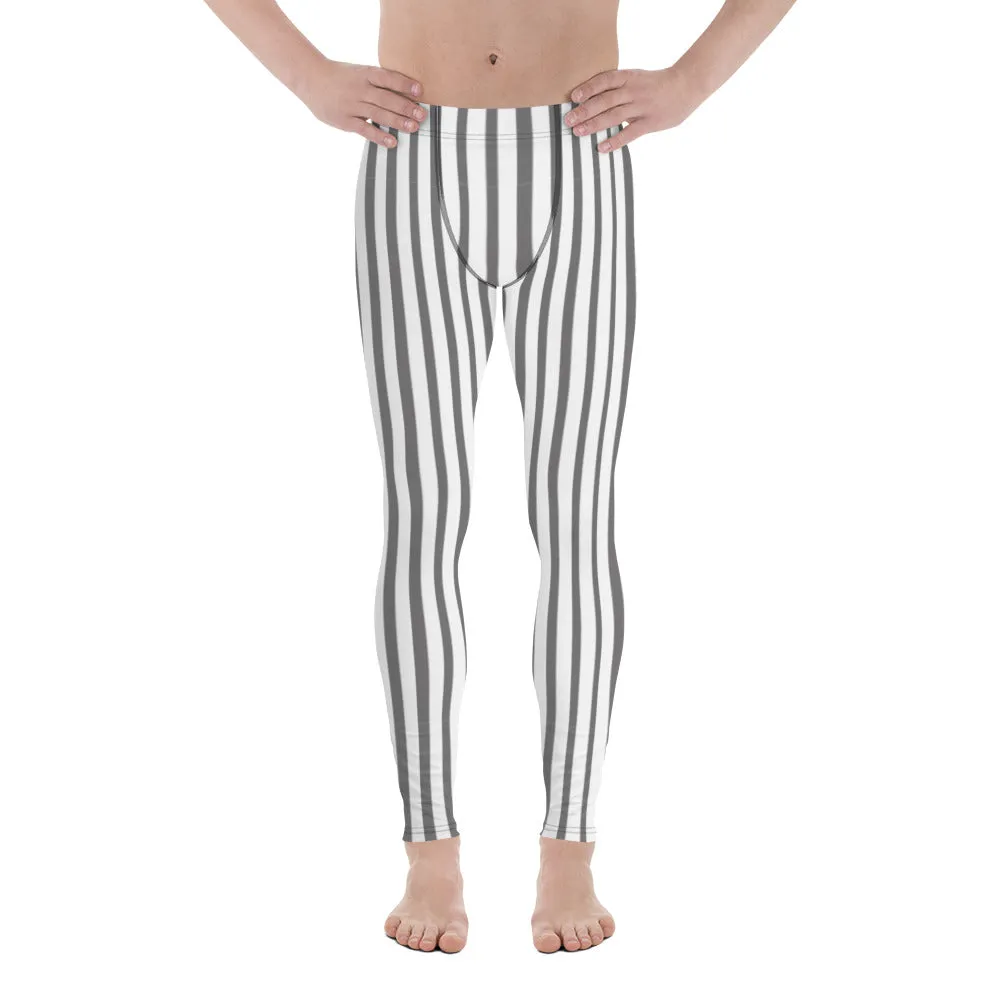 Grey Striped Vertical Men's Leggings, Modern Circus Party Meggings For Men-Made in USA/EU/MX