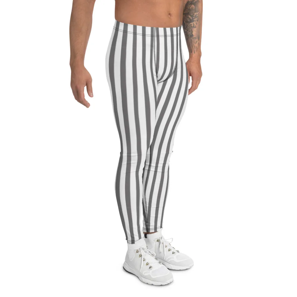 Grey Striped Vertical Men's Leggings, Modern Circus Party Meggings For Men-Made in USA/EU/MX