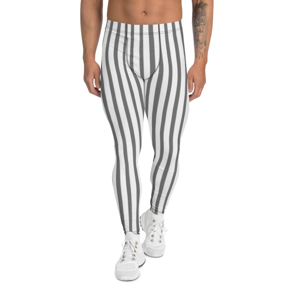 Grey Striped Vertical Men's Leggings, Modern Circus Party Meggings For Men-Made in USA/EU/MX