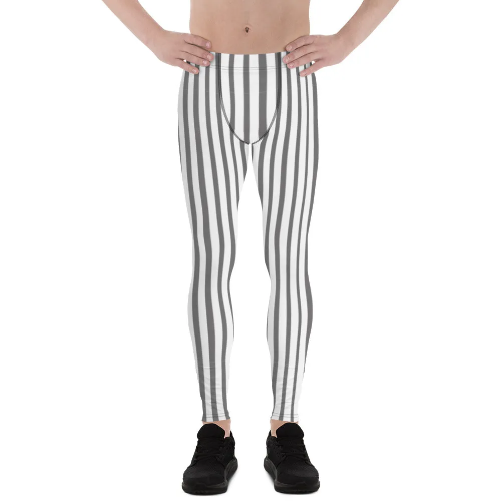 Grey Striped Vertical Men's Leggings, Modern Circus Party Meggings For Men-Made in USA/EU/MX