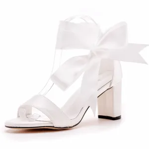 Ivory Satin Tied Open Toe Ankle Strap Chunky Heel Sandals