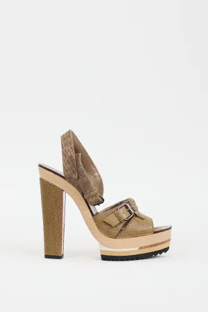 Khaki Green & Multicolour Textured Leather Platform Heel