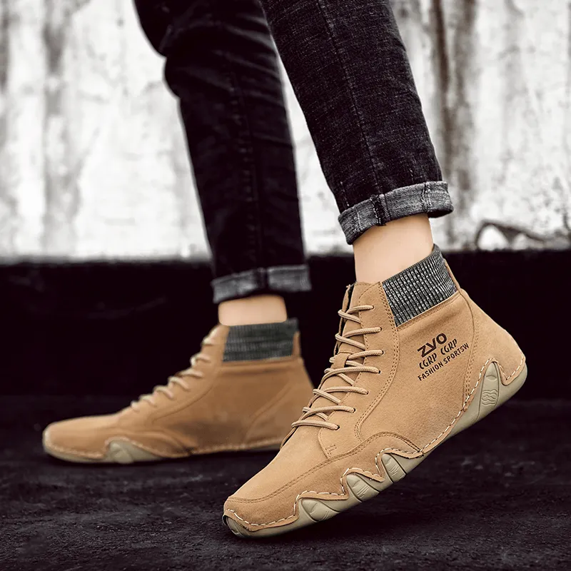 kkboxly kkboxly Men Hand Stitching Pigskin Leather Slip Resistant Casual Knitted Sock Boots