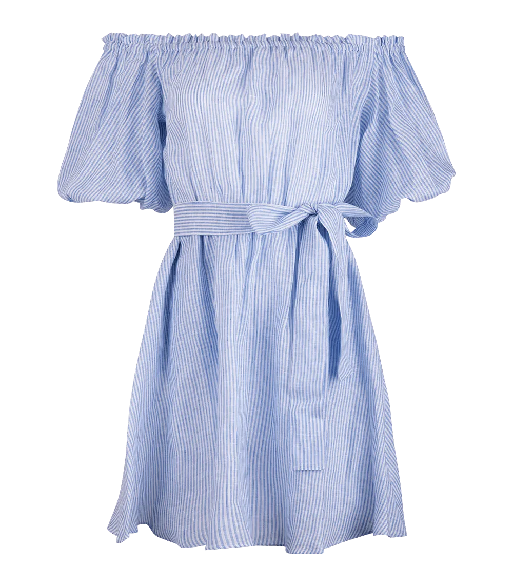 Leto Linen Puff Sleeve Short Dress Striped