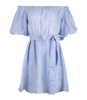 Leto Linen Puff Sleeve Short Dress Striped