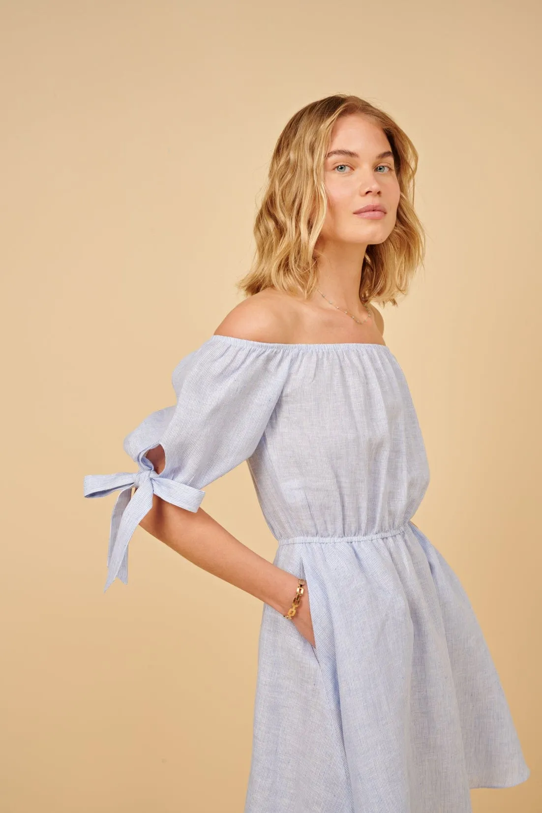 Leto Linen Puff Sleeve Short Dress Striped