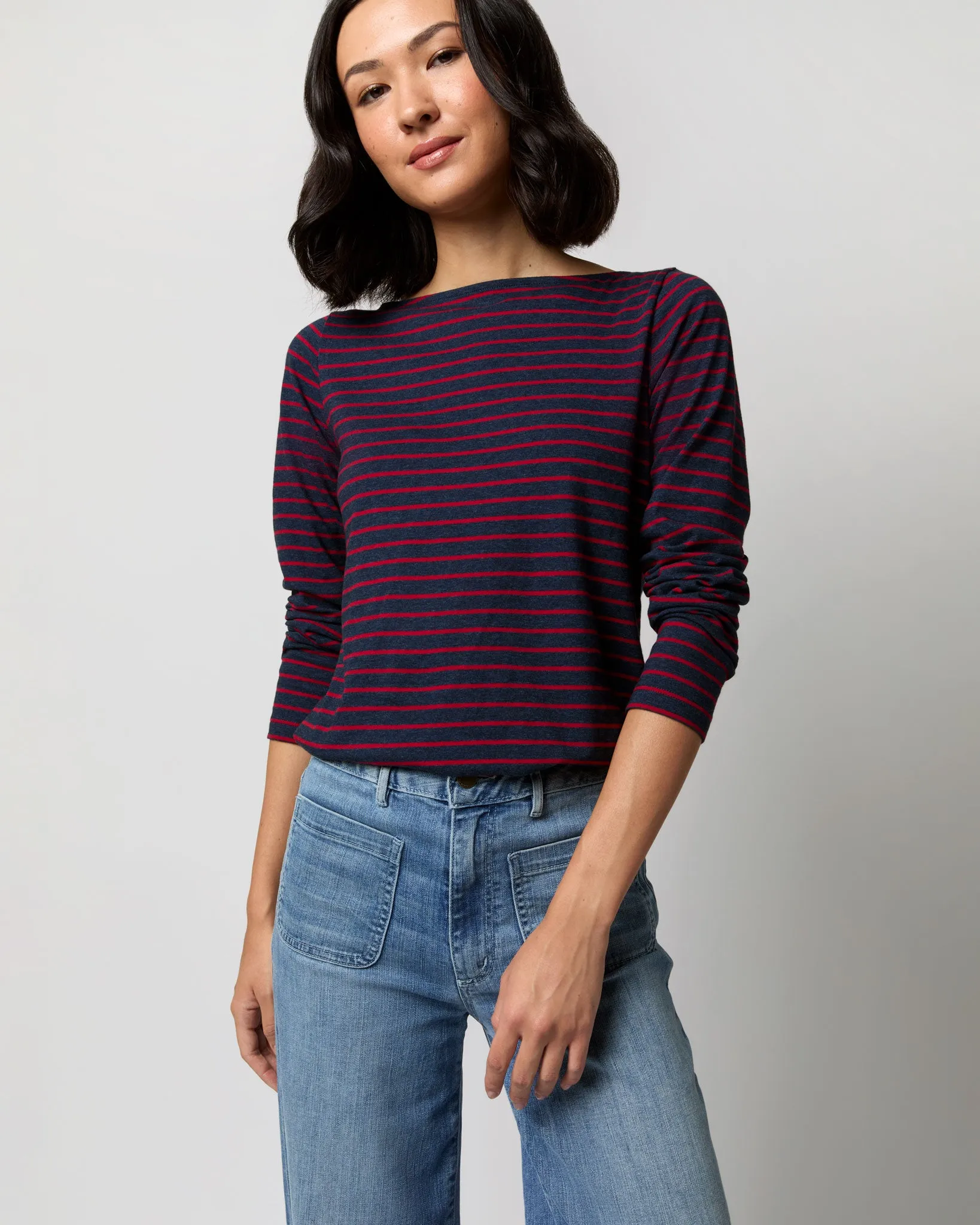 Long-Sleeved Boatneck Tee in Heather Navy/Red Stripe Jersey