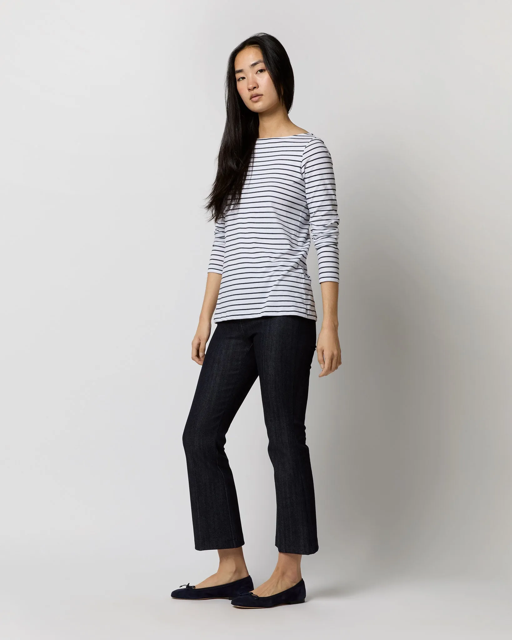 Long-Sleeved Boatneck Tee in White/Heather Navy Stripe Jersey