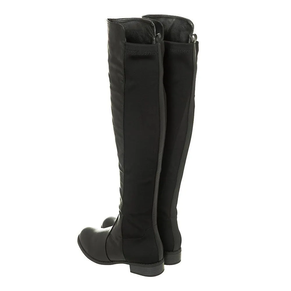 Low Block Heel Pull On Over Knee Boot With Back Stretch Panel