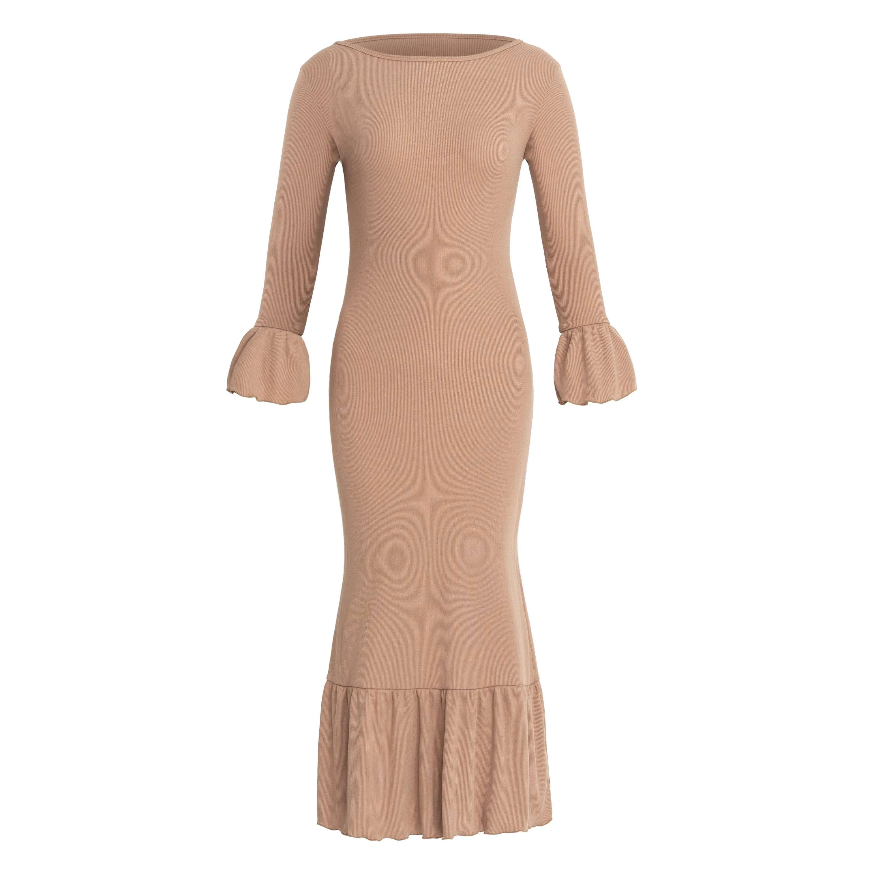 MARJORIE Ruffle Dress, in Camel Brown