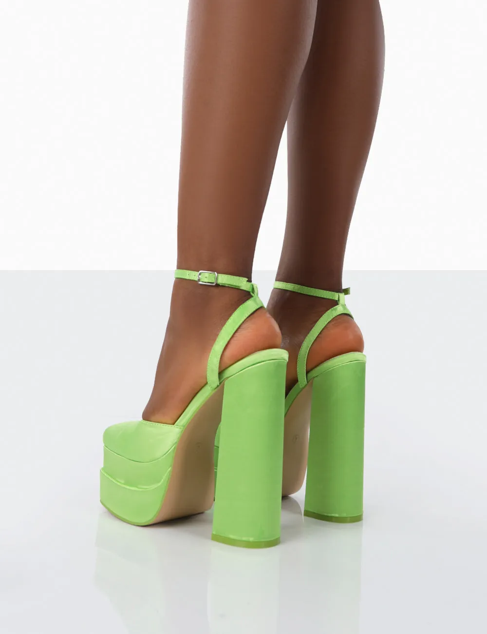 Moonchild Lime Green Satin Closed Toe Statement Platform Block Heels