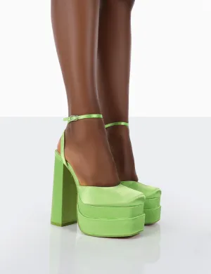 Moonchild Lime Green Satin Closed Toe Statement Platform Block Heels