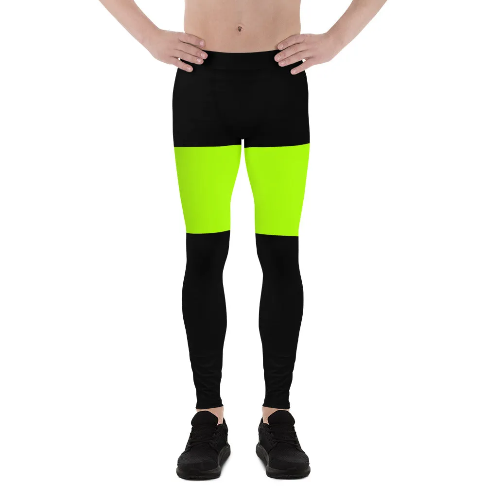 Neon Green Black Meggings, Thigh Striped Designer Men's Leggings-Made in USA/EU/MX (US Size: XS-3XL)