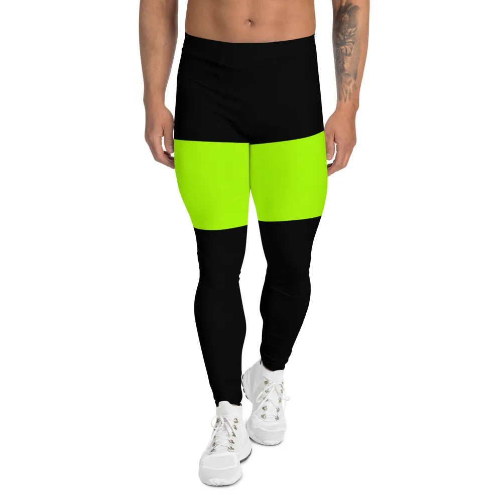 Neon Green Black Meggings, Thigh Striped Designer Men's Leggings-Made in USA/EU/MX (US Size: XS-3XL)