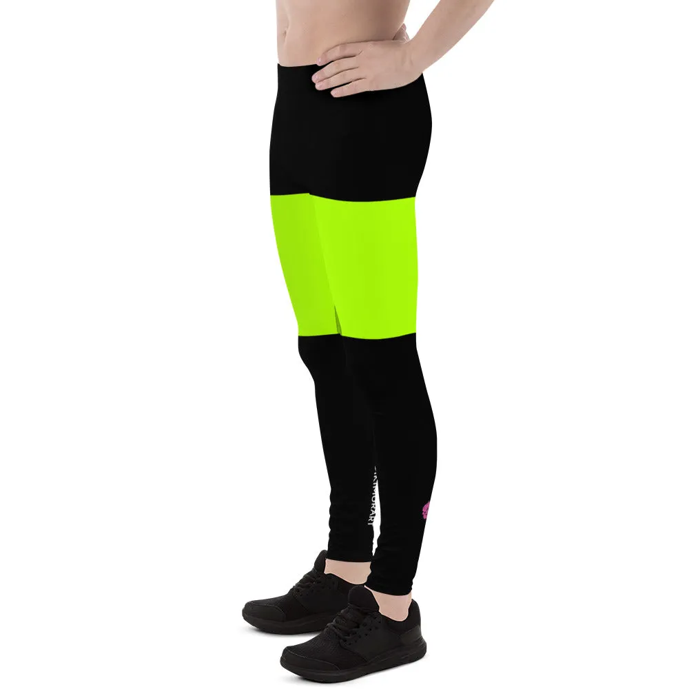 Neon Green Black Meggings, Thigh Striped Designer Men's Leggings-Made in USA/EU/MX (US Size: XS-3XL)