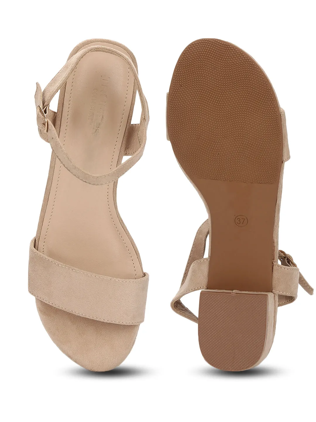 Nude Micro Low Ankle Strap Block Heels