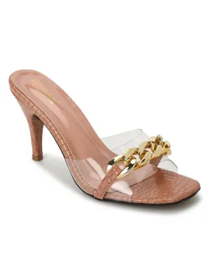 Nude Patent Snake Gold Chained Stiletto Mules