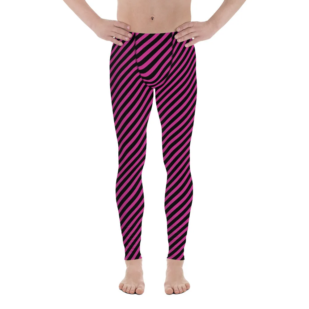 Pink Black Striped Diagonal Meggings, Colorful Best Compression Tights For Men - Made in USA/EU/MX