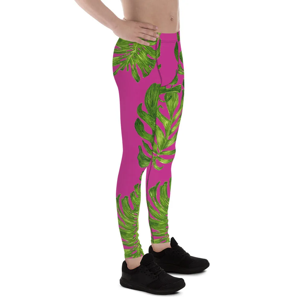 Pink Green Tropical Men's Leggings, Hot Pink Green Tropical Leaf Print Men's Leggings Pants-Made in USA/EU (US Size: XS-3XL)