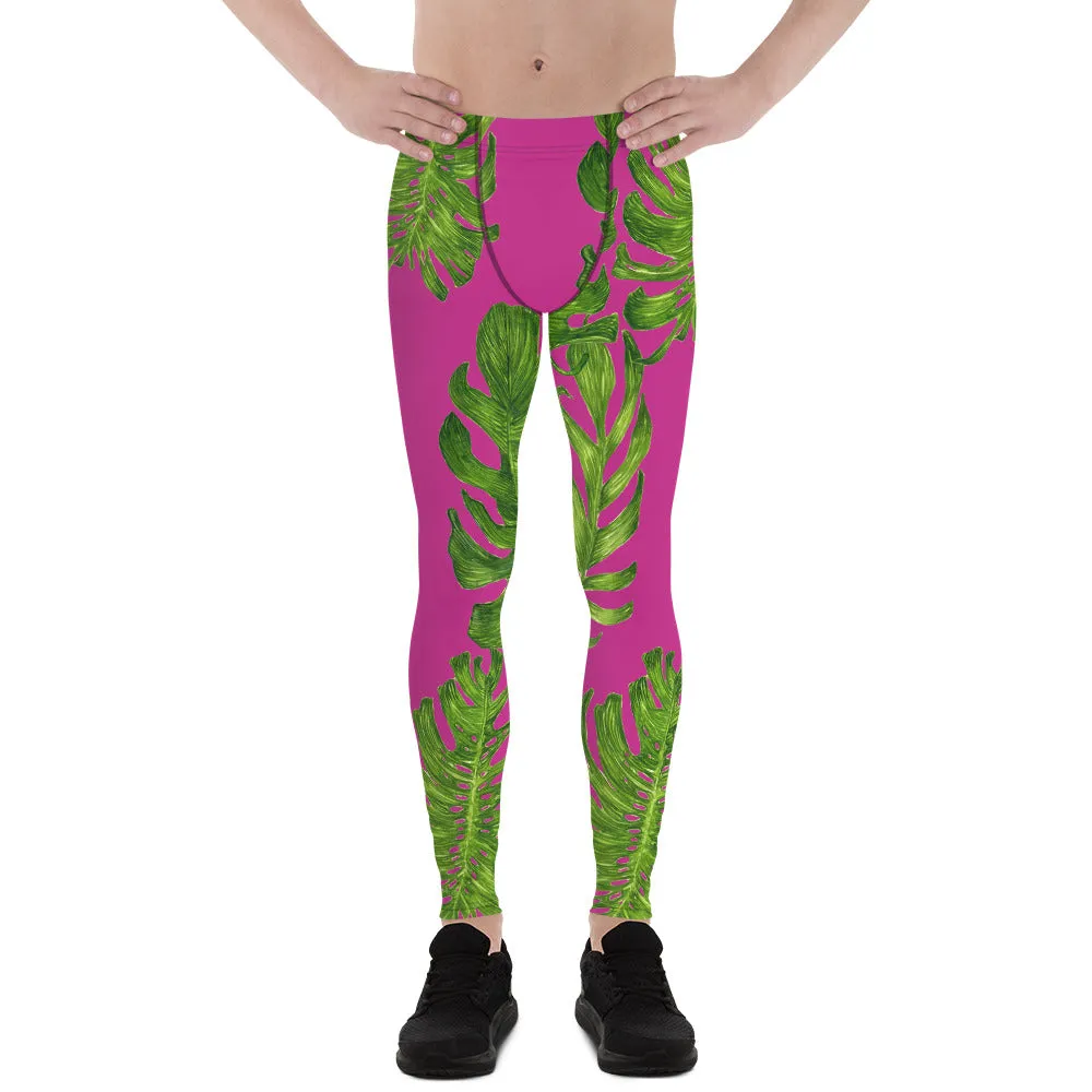 Pink Green Tropical Men's Leggings, Hot Pink Green Tropical Leaf Print Men's Leggings Pants-Made in USA/EU (US Size: XS-3XL)