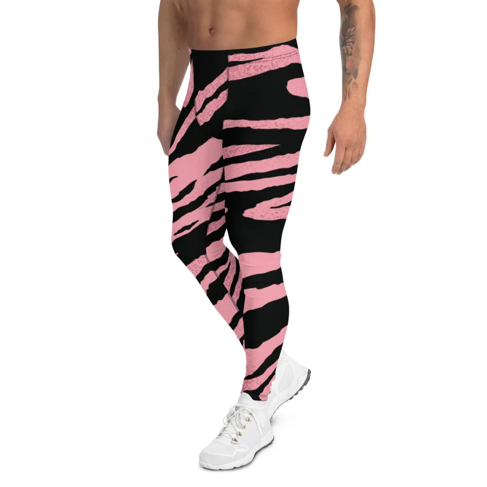 Pink Zebra Striped Men's Leggings, Modern Stripes Animal Print Meggings-Made in USA/EU