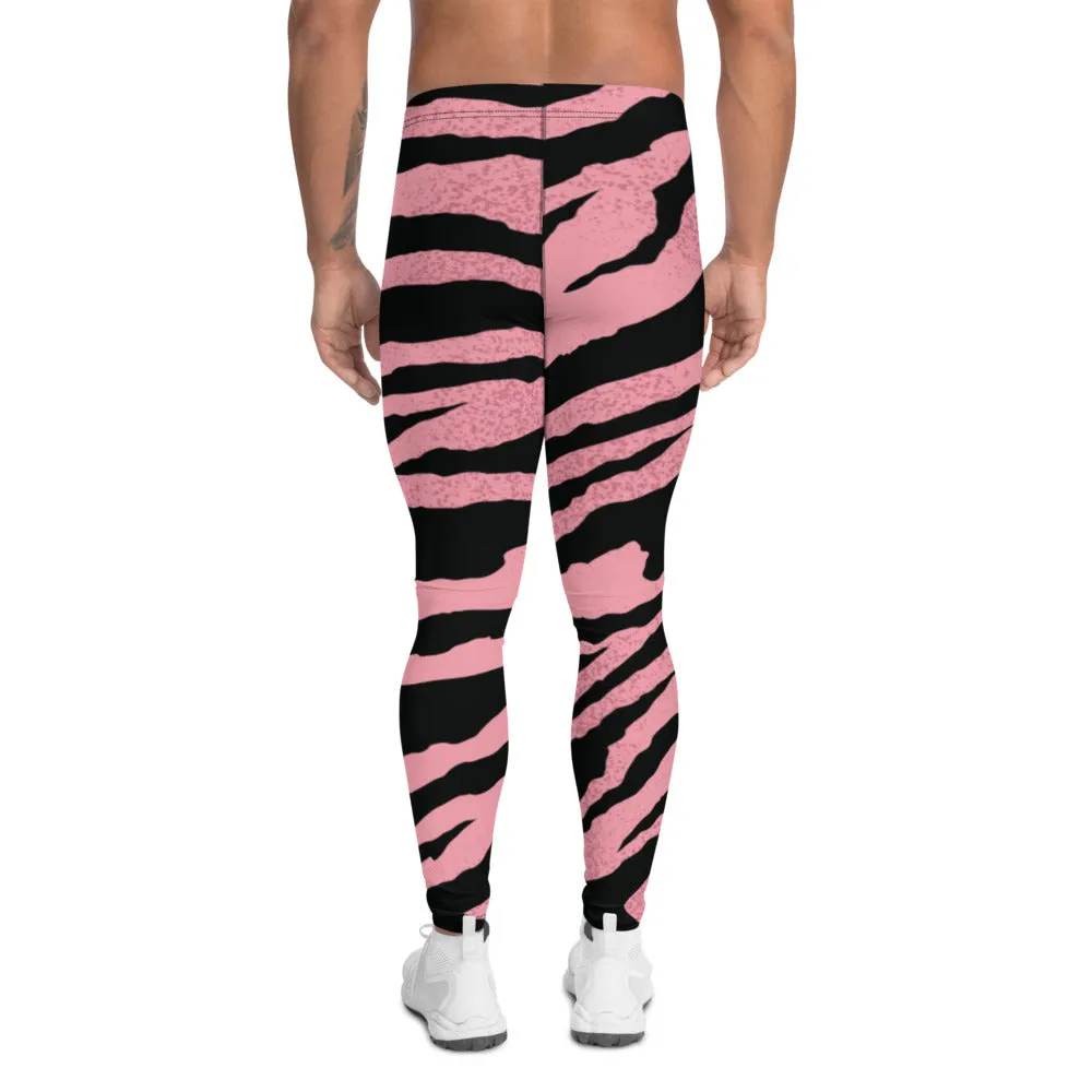 Pink Zebra Striped Men's Leggings, Modern Stripes Animal Print Meggings-Made in USA/EU