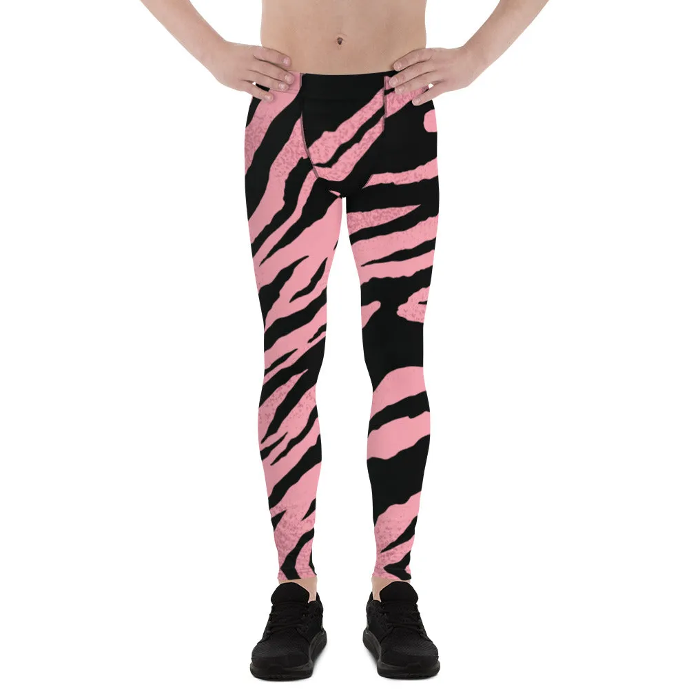 Pink Zebra Striped Men's Leggings, Modern Stripes Animal Print Meggings-Made in USA/EU