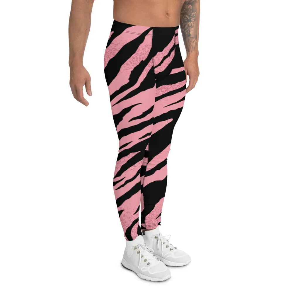 Pink Zebra Striped Men's Leggings, Modern Stripes Animal Print Meggings-Made in USA/EU