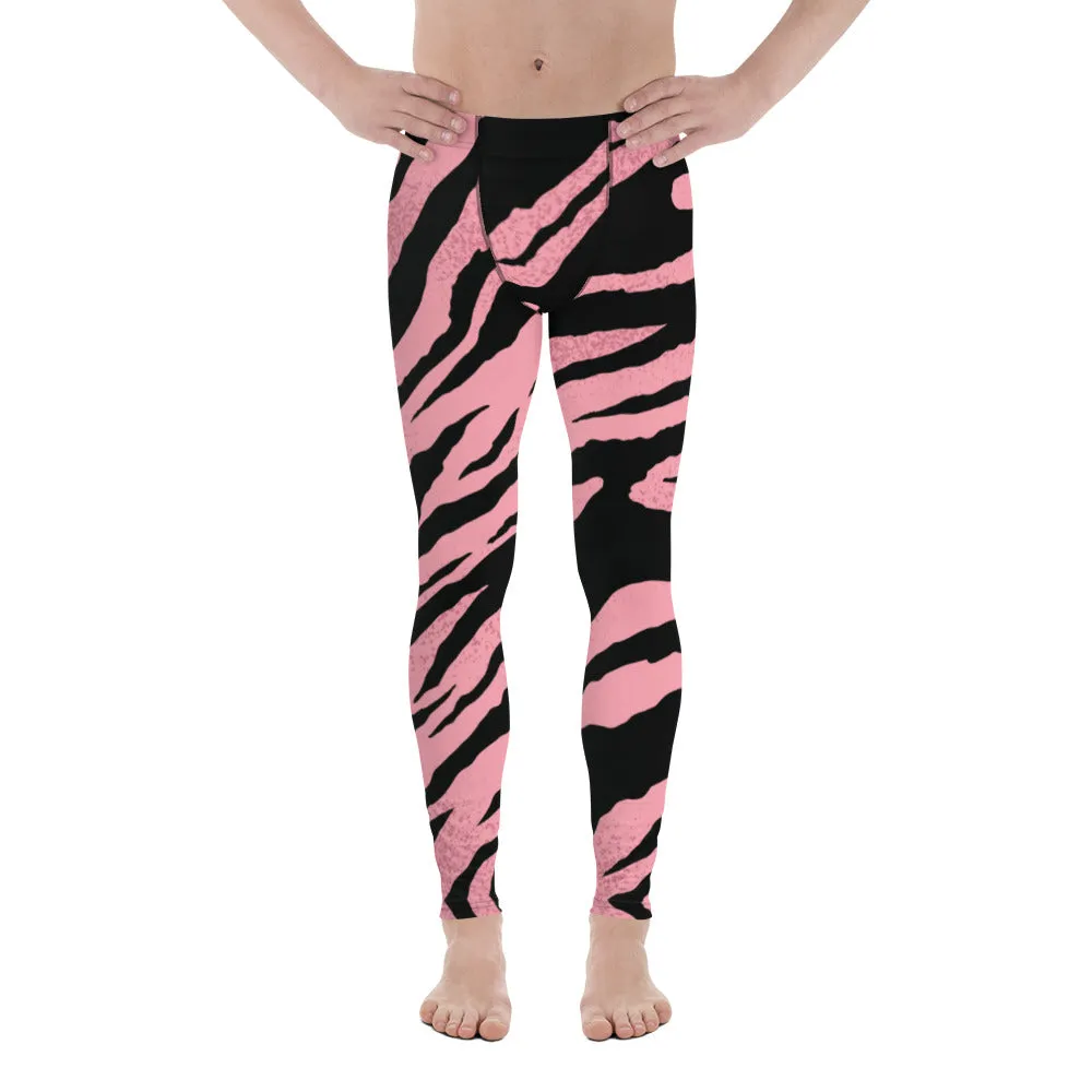 Pink Zebra Striped Men's Leggings, Modern Stripes Animal Print Meggings-Made in USA/EU