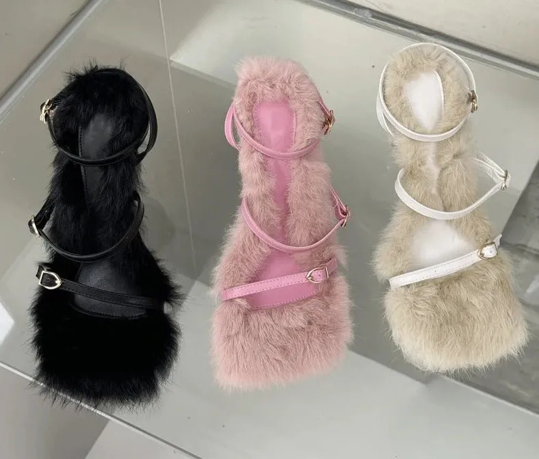 Pre Order:  Plush Fur High Heels Sandals