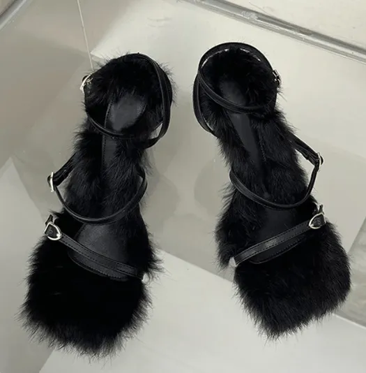 Pre Order:  Plush Fur High Heels Sandals