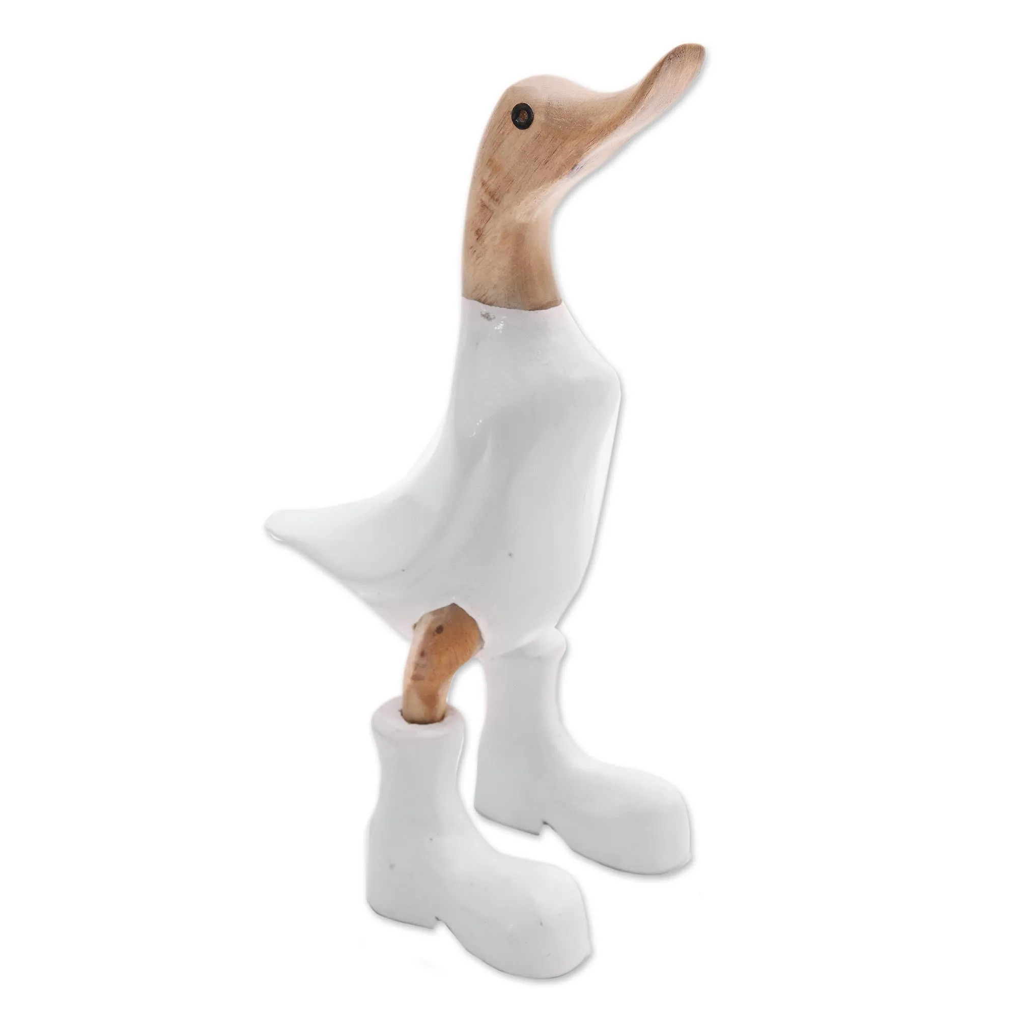 Rain Boot Duck in White Acacia Wood and Bamboo Root Duck Sculpture in White