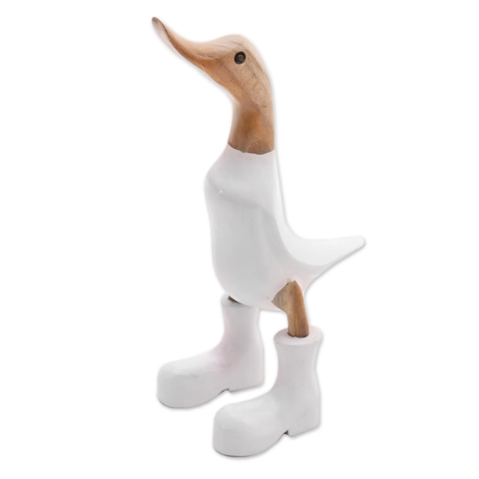 Rain Boot Duck in White Acacia Wood and Bamboo Root Duck Sculpture in White