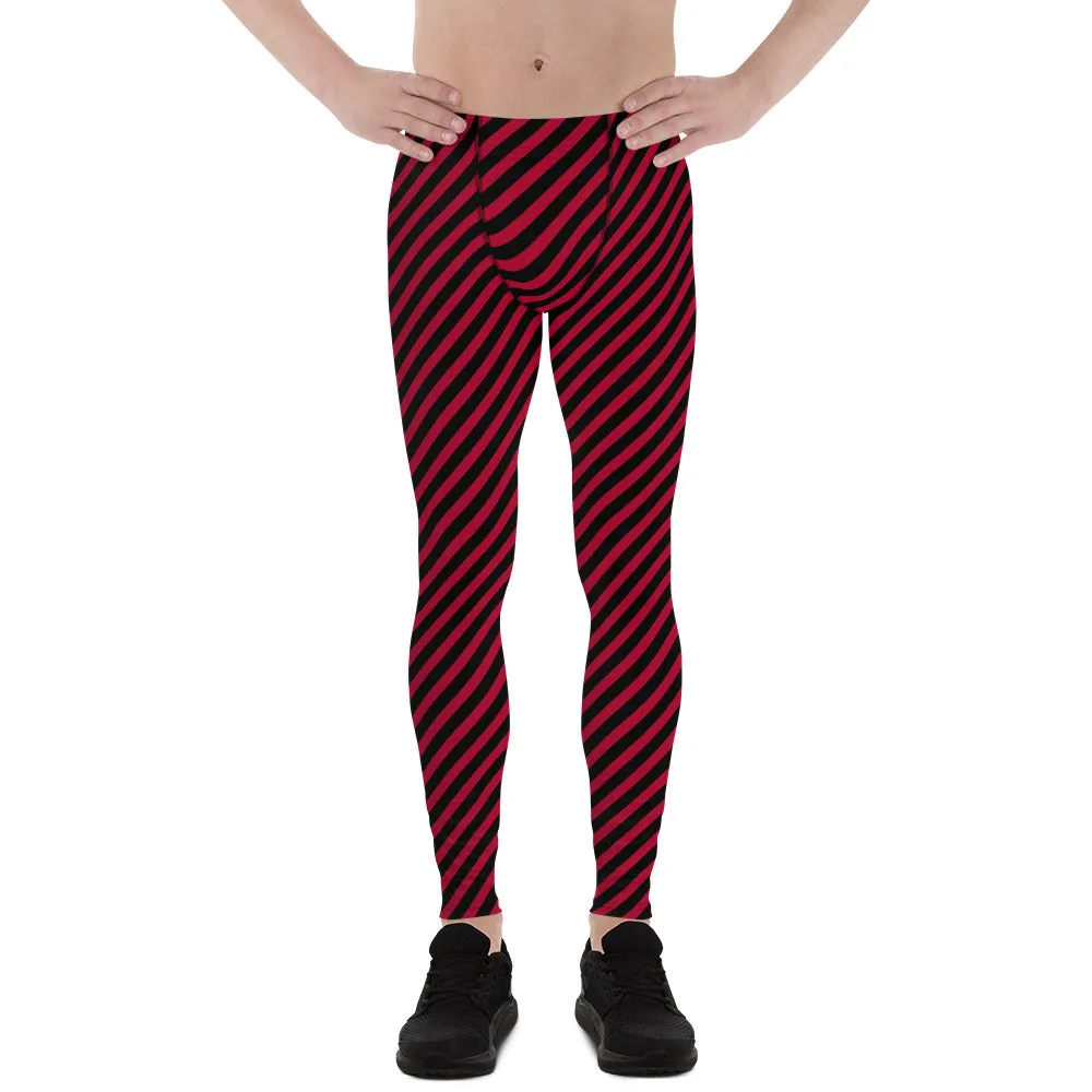 Red Black Diagonal Striped Meggings, Colorful Best Compression Tights For Men - Made in USA/EU/MX