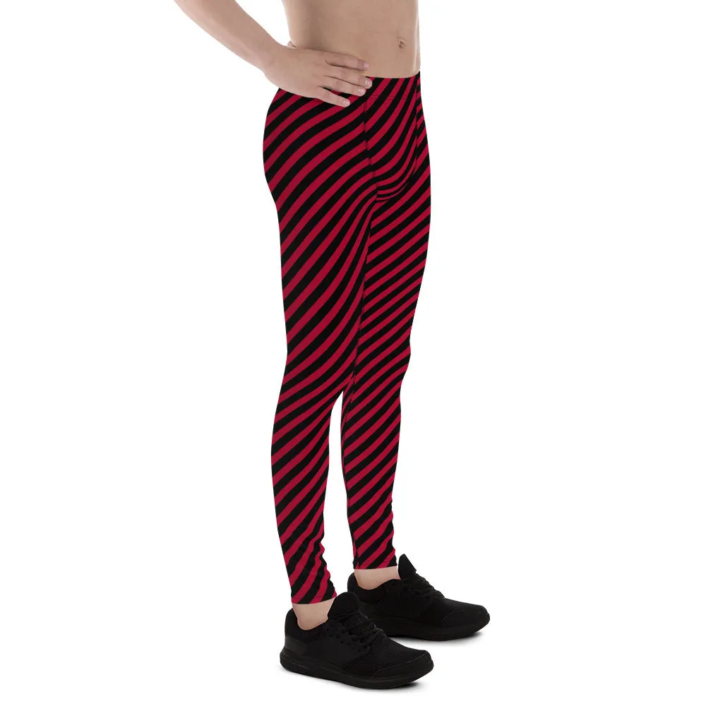 Red Black Diagonal Striped Meggings, Colorful Best Compression Tights For Men - Made in USA/EU/MX