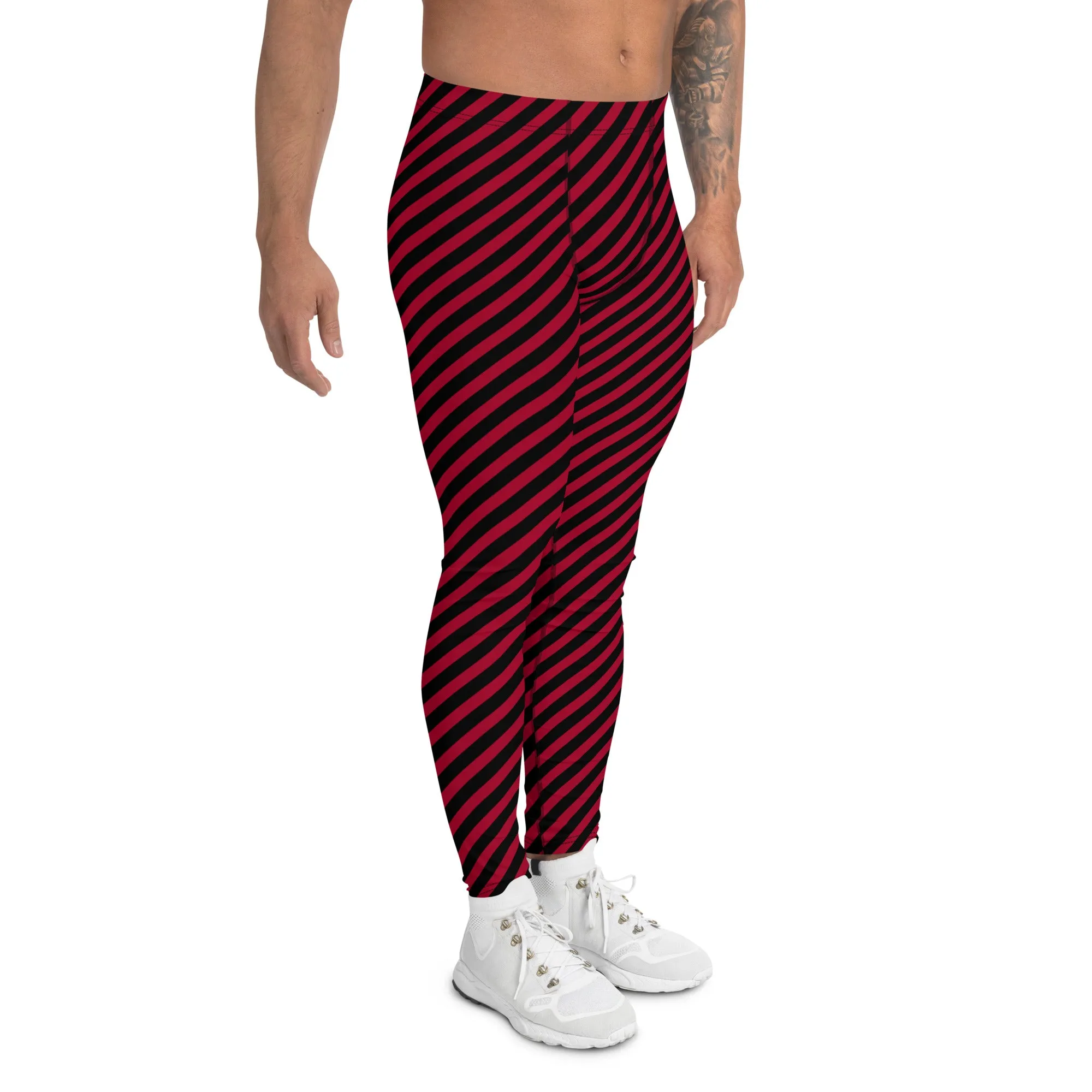 Red Black Diagonal Striped Meggings, Colorful Best Compression Tights For Men - Made in USA/EU/MX